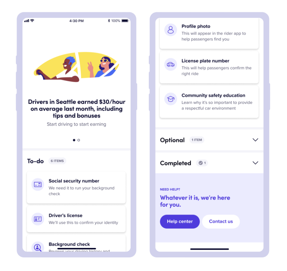 Two Lyft driver onboarding screens